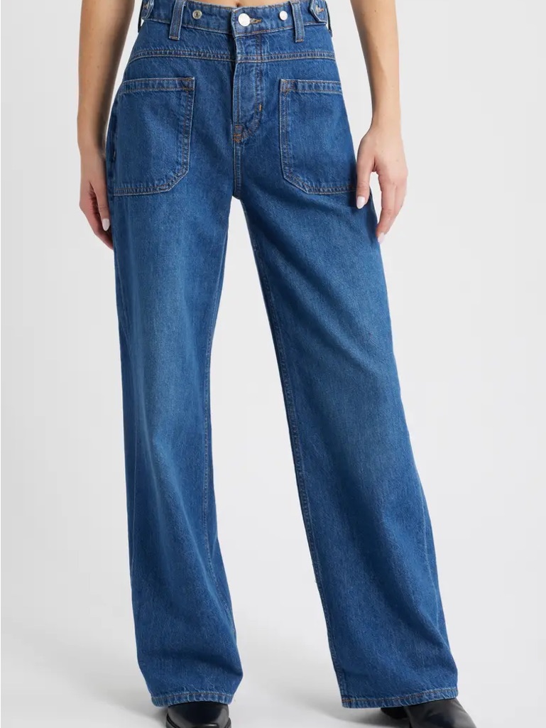 Free People Wide Leg Straight Palmer Cuffed Blue Denim Jeans Size 31 Dark Blue